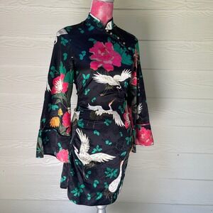Zara Dress Womens Small Black Excellent Crane Floral Oriental Ruched Mini